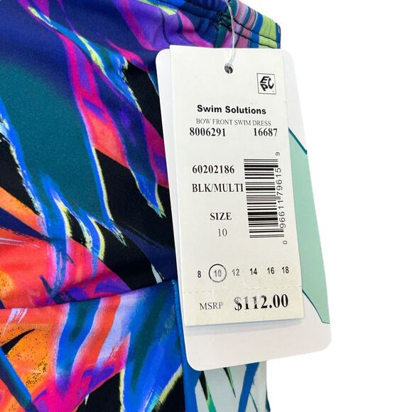 Swim Solutions Bow-Front Swim Dress Black Multicolor 60202186 Women's 10 NWT - Picture 3 of 10